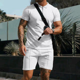 Men's Short Sleeve Shorts Casual Suit Summer Waffle Solid Color Casual Loose Lapels T-shirt Suit Men - AL MONI EXPRESS