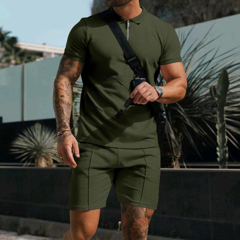 Men's Short Sleeve Shorts Casual Suit Summer Waffle Solid Color Casual Loose Lapels T-shirt Suit Men - AL MONI EXPRESS