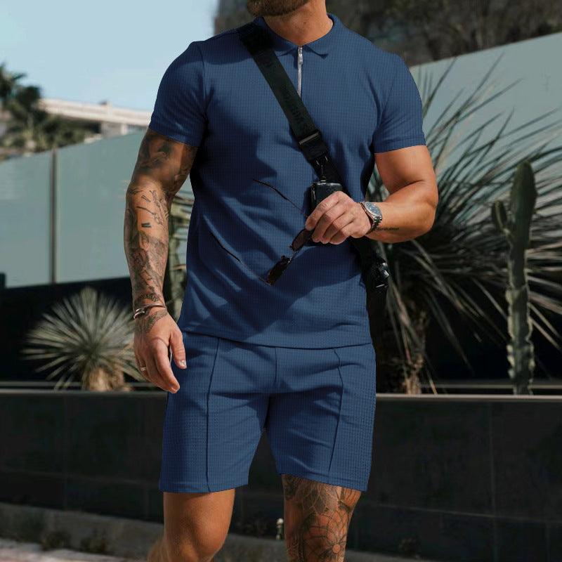 Men's Short Sleeve Shorts Casual Suit Summer Waffle Solid Color Casual Loose Lapels T-shirt Suit Men - AL MONI EXPRESS