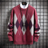 Men's Sweater Round Neck Trend Loose Plaid Top - Almoni Express