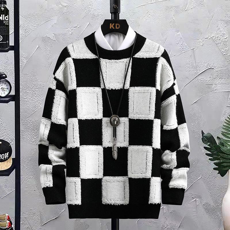 Men's Trendy Plaid Round Neck Sweater Loose - Almoni Express