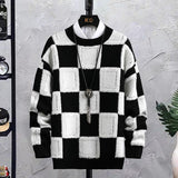 Men's Trendy Plaid Round Neck Sweater Loose - Almoni Express