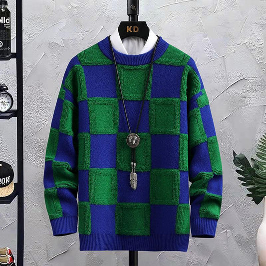 Men's Trendy Plaid Round Neck Sweater Loose - Almoni Express