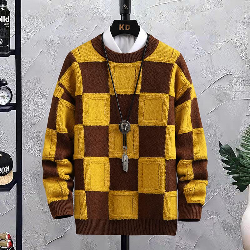 Men's Trendy Plaid Round Neck Sweater Loose - Almoni Express