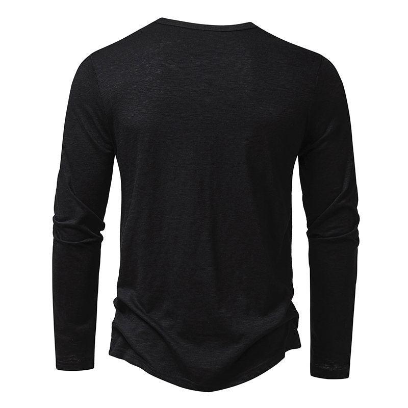 Mens Clothing Long Sleeve T-shirt Fashion Button Henry Collar Tops - AL MONI EXPRESS