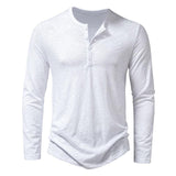 Mens Clothing Long Sleeve T-shirt Fashion Button Henry Collar Tops - AL MONI EXPRESS