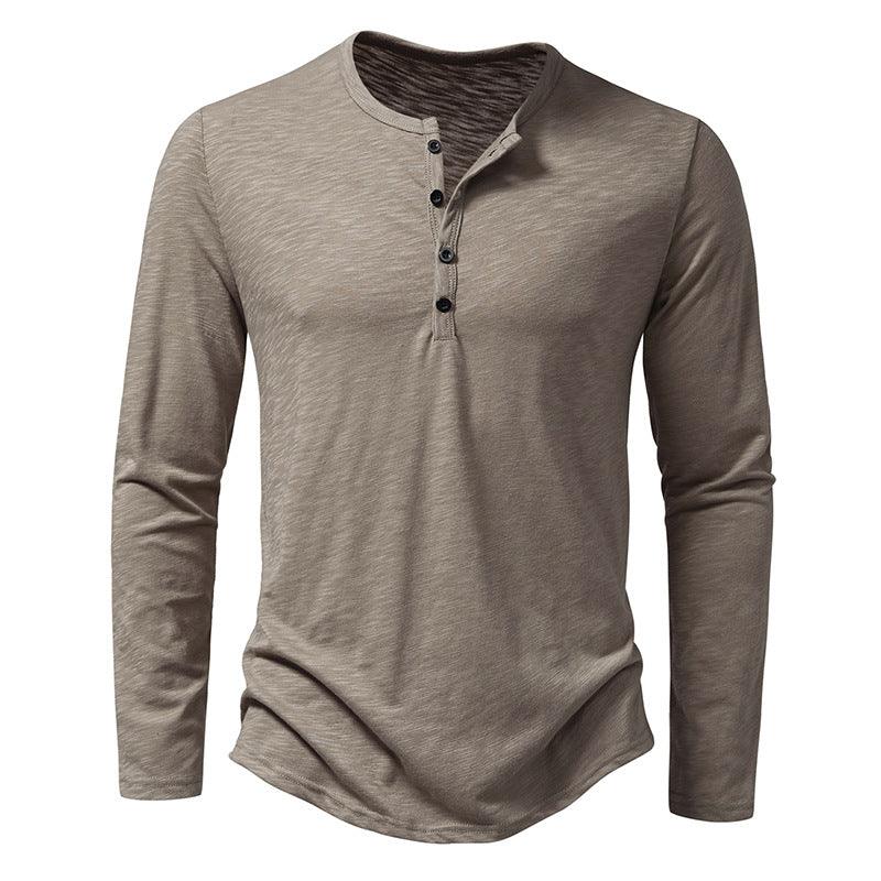 Mens Clothing Long Sleeve T-shirt Fashion Button Henry Collar Tops - AL MONI EXPRESS