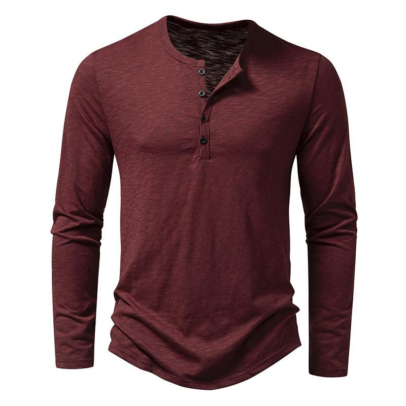 Mens Clothing Long Sleeve T-shirt Fashion Button Henry Collar Tops - AL MONI EXPRESS