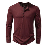 Mens Clothing Long Sleeve T-shirt Fashion Button Henry Collar Tops - AL MONI EXPRESS