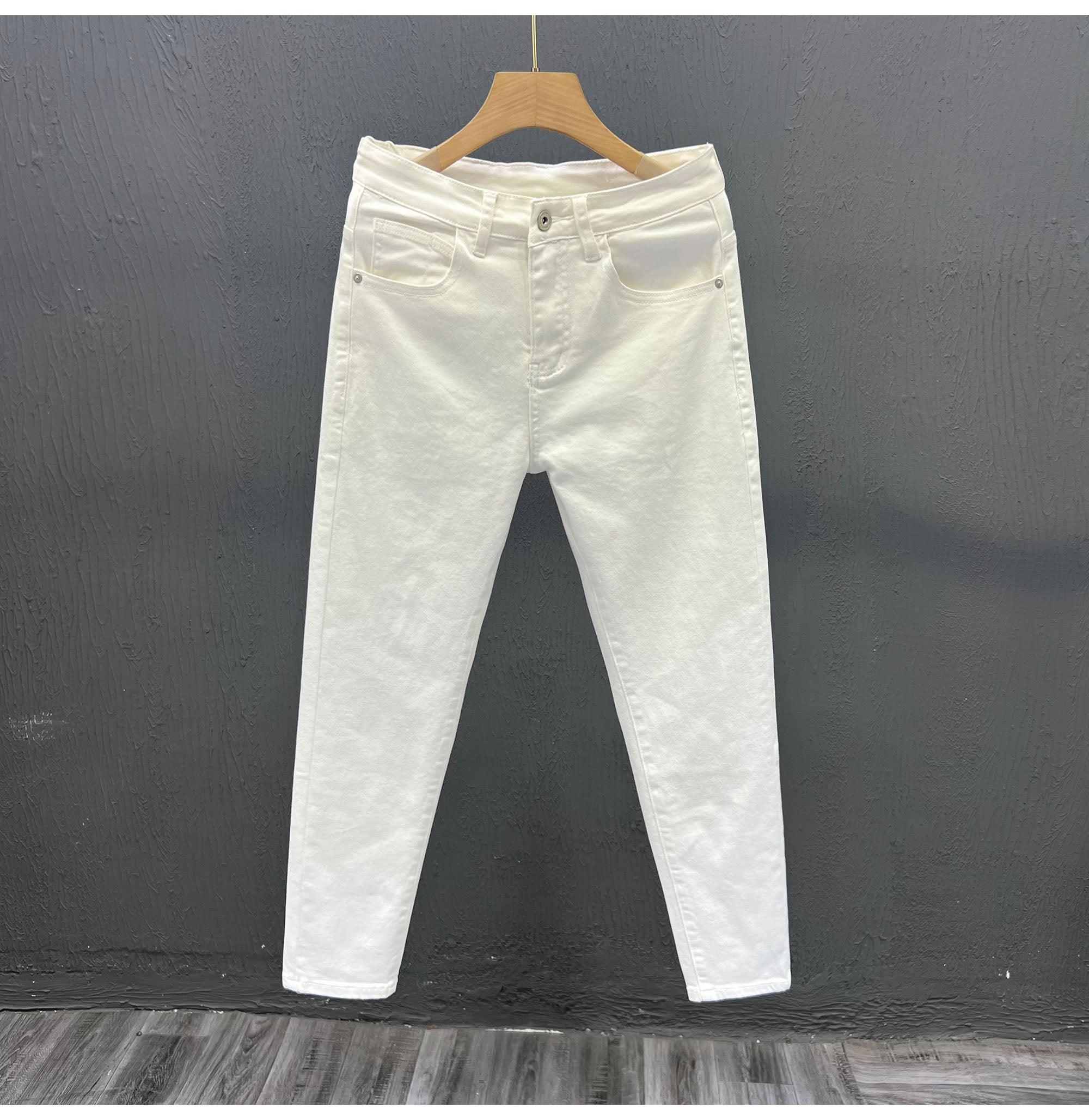 Mens Trendy Youth Simple Casual White Trousers Jeans - Almoni Express