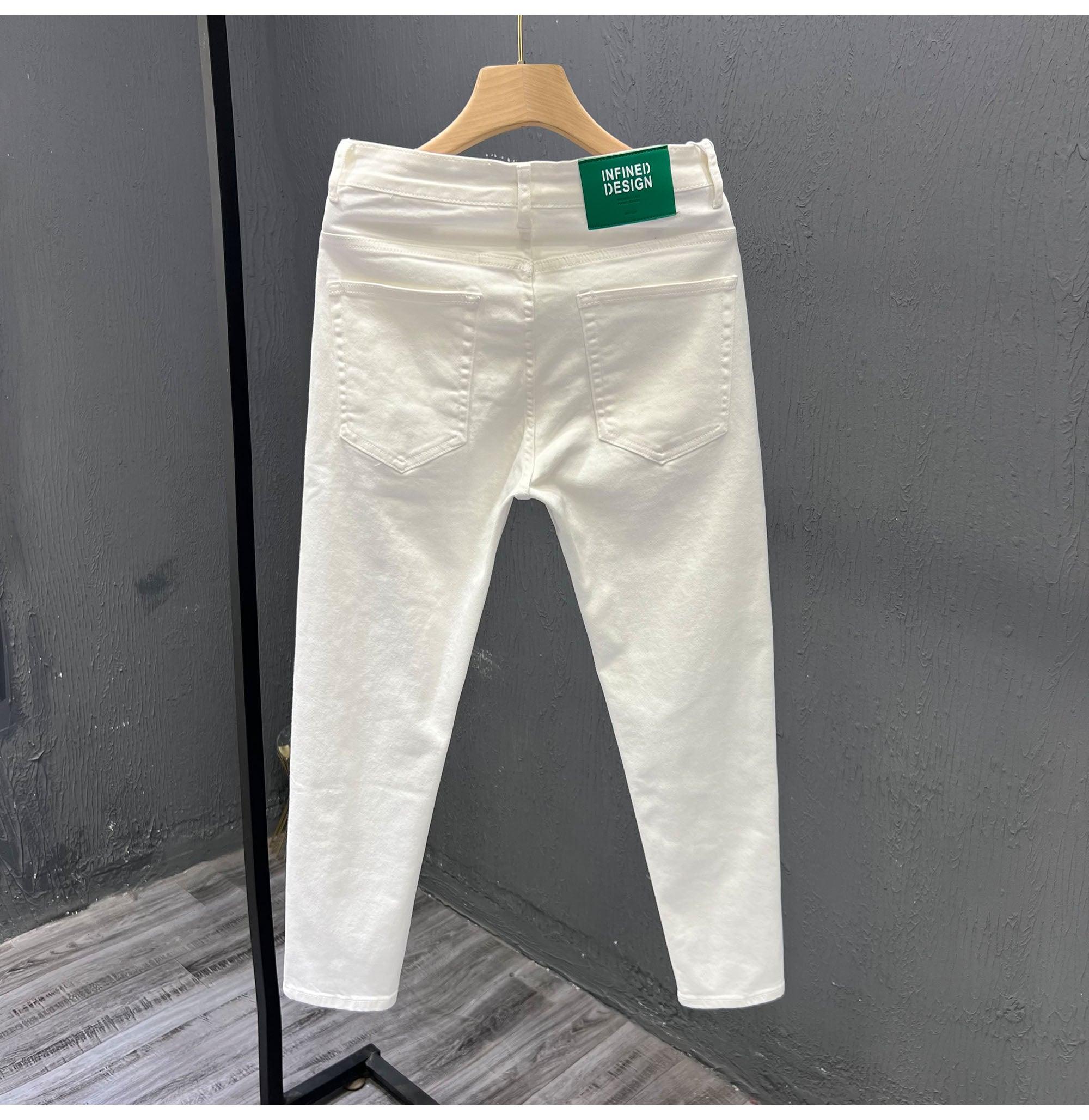 Mens Trendy Youth Simple Casual White Trousers Jeans - Almoni Express