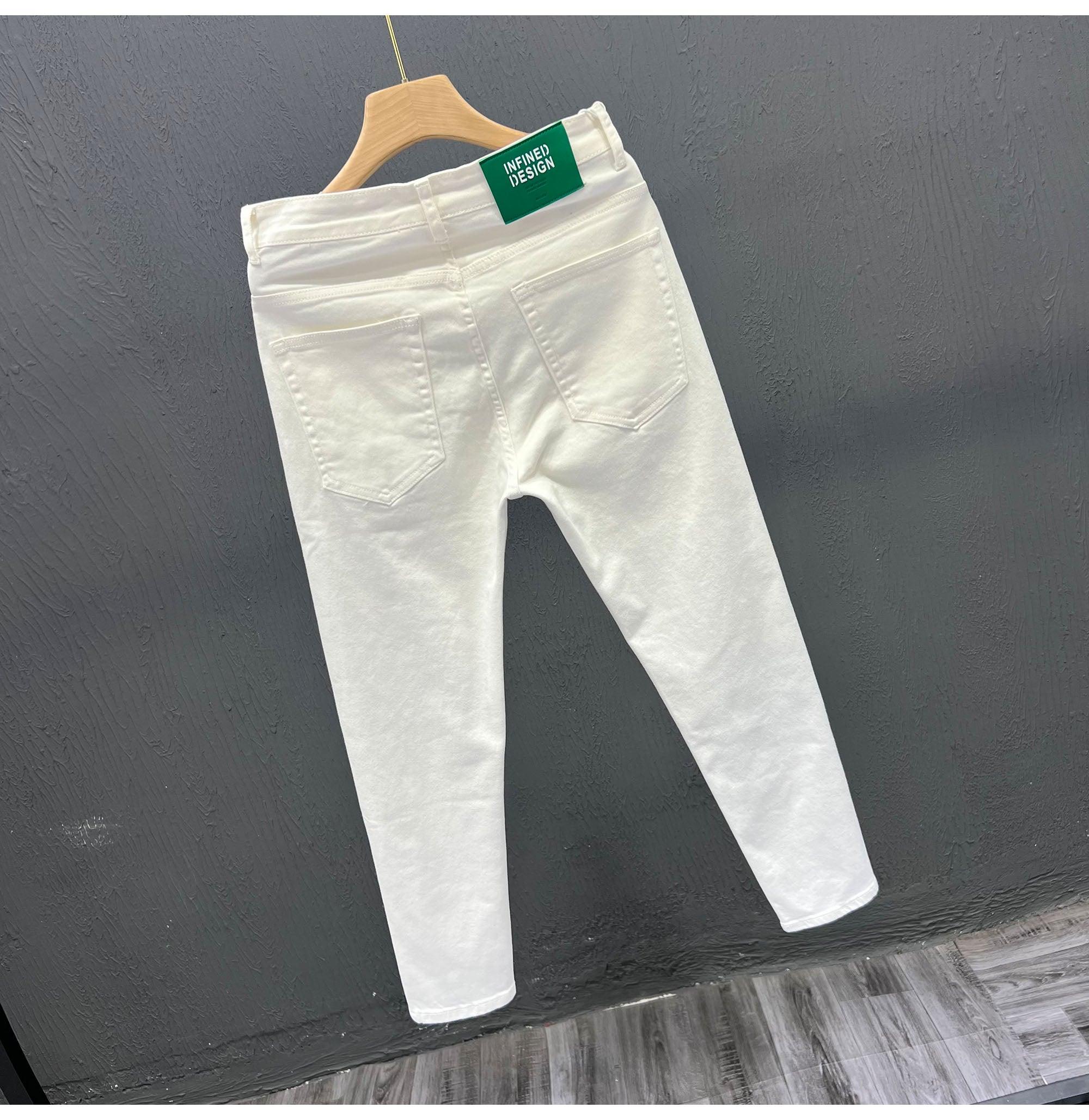 Mens Trendy Youth Simple Casual White Trousers Jeans - Almoni Express