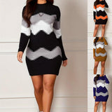 Mid-length Short Skirt Round Neck Long Sleeve Printed Knitted Sheath Dress - AL MONI EXPRESS