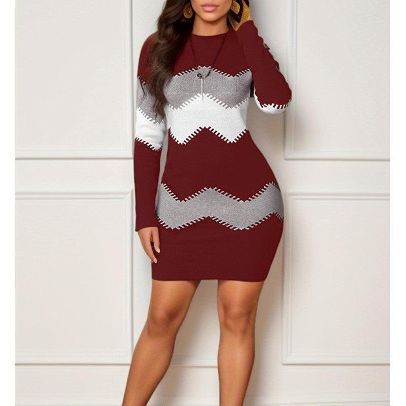 Mid-length Short Skirt Round Neck Long Sleeve Printed Knitted Sheath Dress - AL MONI EXPRESS