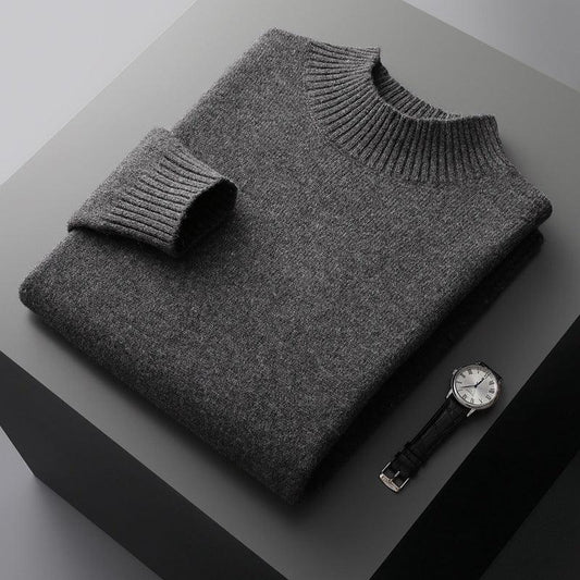 Mock Neck Sweater Men's Knitted Shirt Pure Wool - Almoni Express