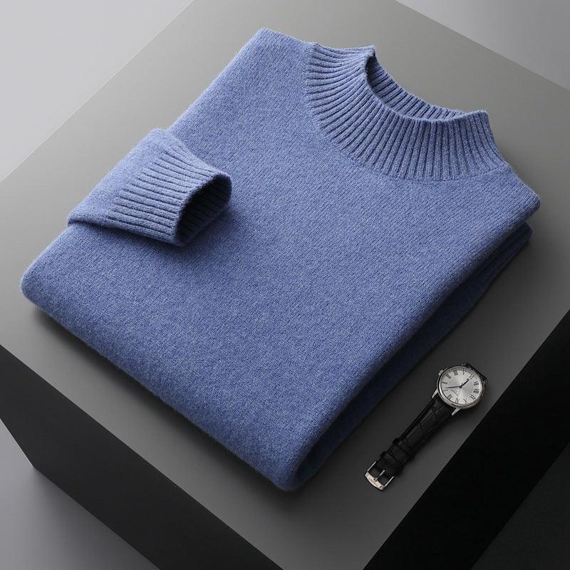 Mock Neck Sweater Men's Knitted Shirt Pure Wool - Almoni Express