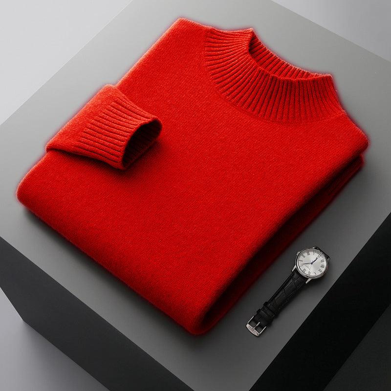 Mock Neck Sweater Men's Knitted Shirt Pure Wool - Almoni Express