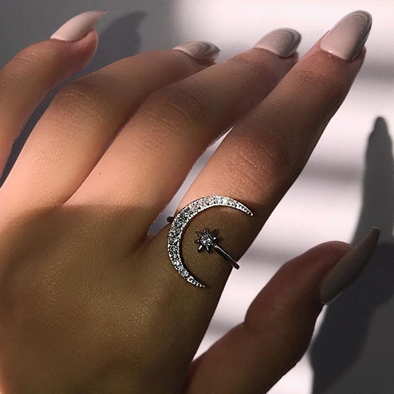 Moon And Star Opening Rings Fashion Rhinestones Personalized Jewelry For Women - AL MONI EXPRESS