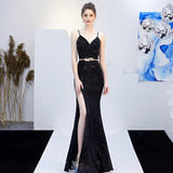 New Banquet Elegant Annual Meeting Long Host Deep V Sexy Fishtail Sequined Dress - Almoni Express