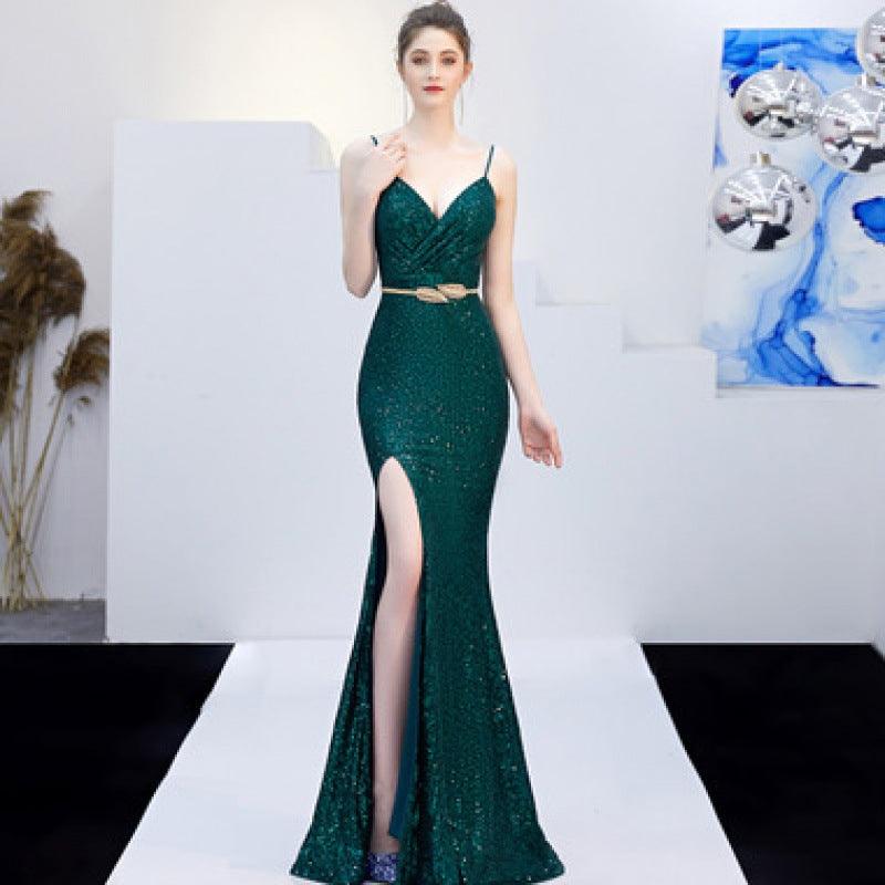 New Banquet Elegant Annual Meeting Long Host Deep V Sexy Fishtail Sequined Dress - Almoni Express