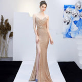 New Banquet Elegant Annual Meeting Long Host Deep V Sexy Fishtail Sequined Dress - Almoni Express