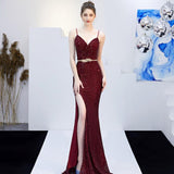 New Banquet Elegant Annual Meeting Long Host Deep V Sexy Fishtail Sequined Dress - Almoni Express