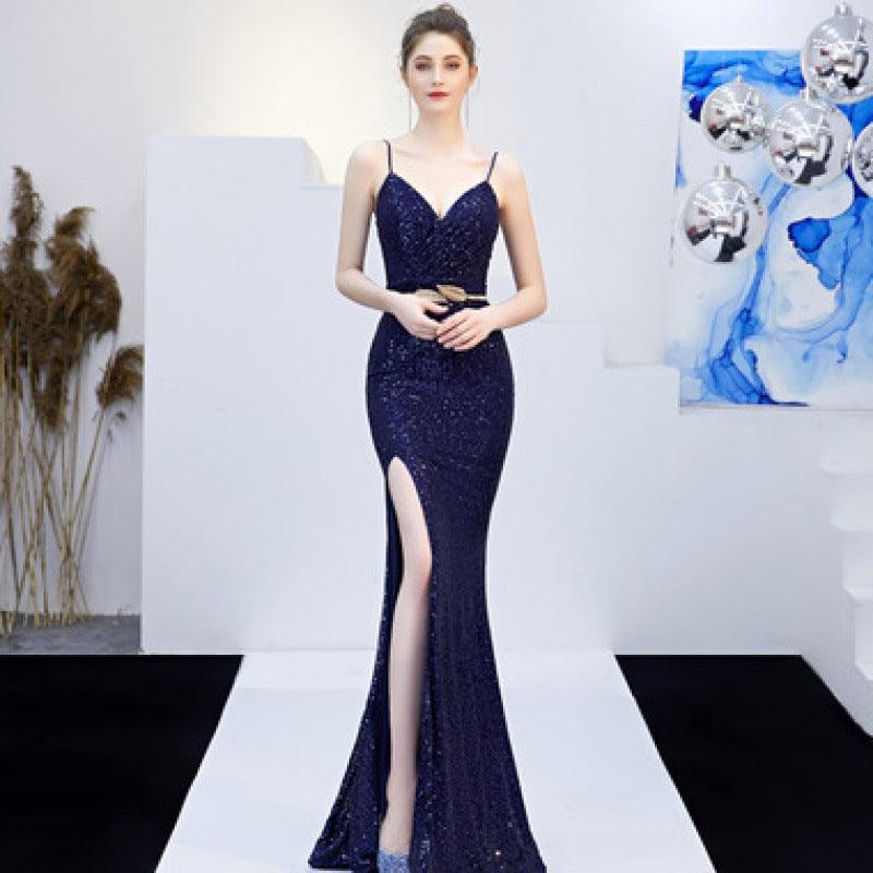 New Banquet Elegant Annual Meeting Long Host Deep V Sexy Fishtail Sequined Dress - Almoni Express