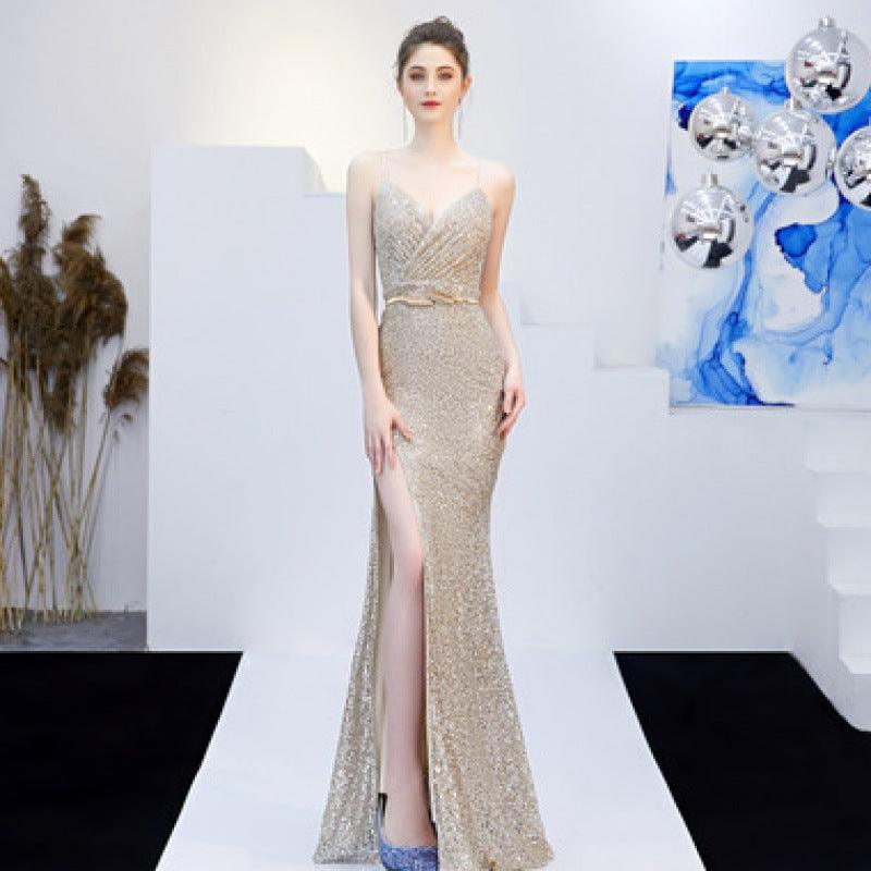 New Banquet Elegant Annual Meeting Long Host Deep V Sexy Fishtail Sequined Dress - Almoni Express