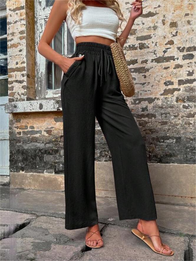 New Casual Pants With Pockets Elastic Drawstring High Waist Loose Trousers For Women - AL MONI EXPRESS