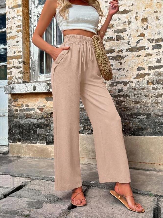 New Casual Pants With Pockets Elastic Drawstring High Waist Loose Trousers For Women - AL MONI EXPRESS