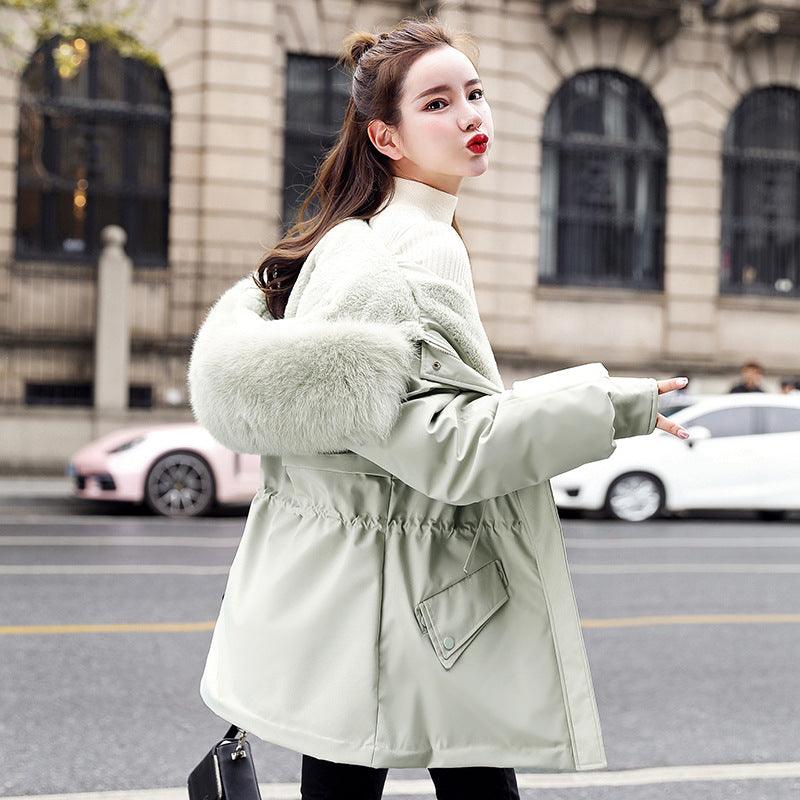 New Fleece-lined Mid-length Big Fur Collar Thicken Cotton Clothes Coat - Almoni Express