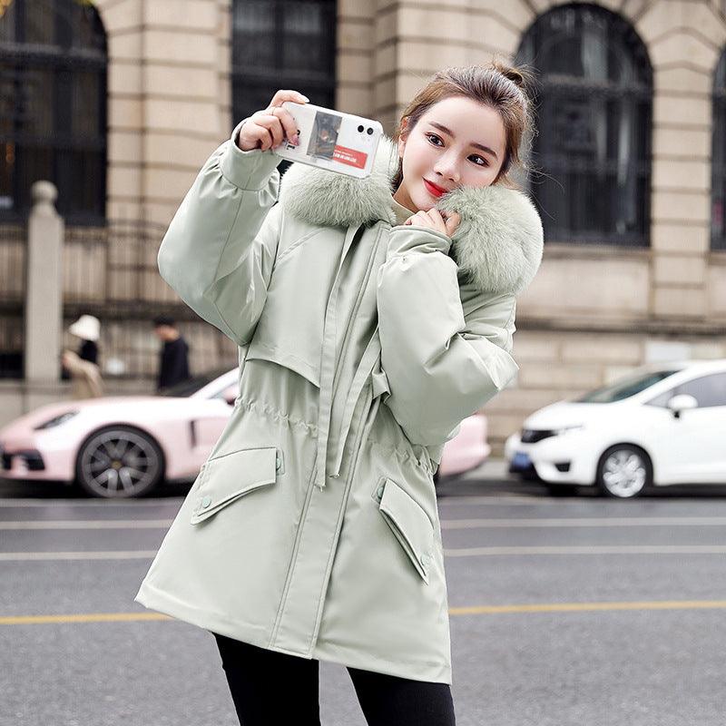 New Fleece-lined Mid-length Big Fur Collar Thicken Cotton Clothes Coat - Almoni Express