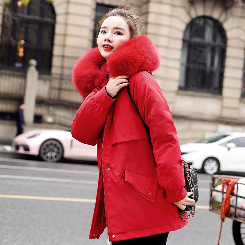 New Fleece-lined Mid-length Big Fur Collar Thicken Cotton Clothes Coat - Almoni Express