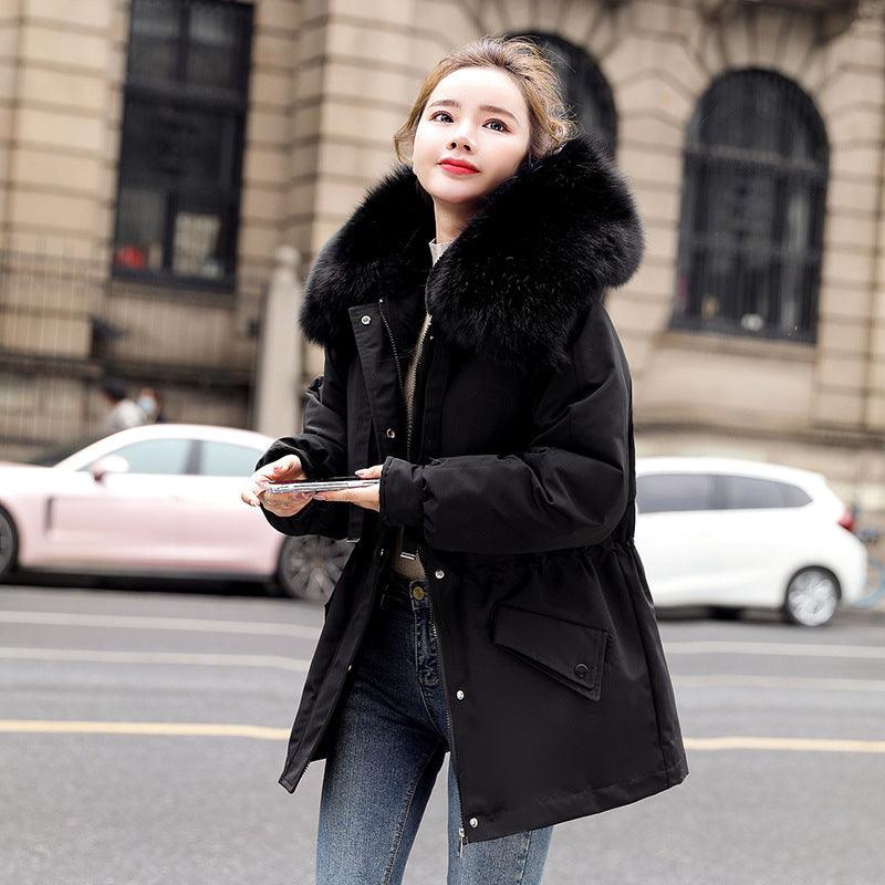 New Fleece-lined Mid-length Big Fur Collar Thicken Cotton Clothes Coat - Almoni Express