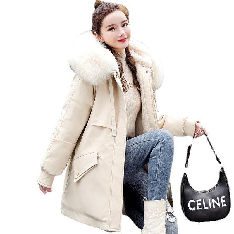 New Fleece-lined Mid-length Big Fur Collar Thicken Cotton Clothes Coat - Almoni Express