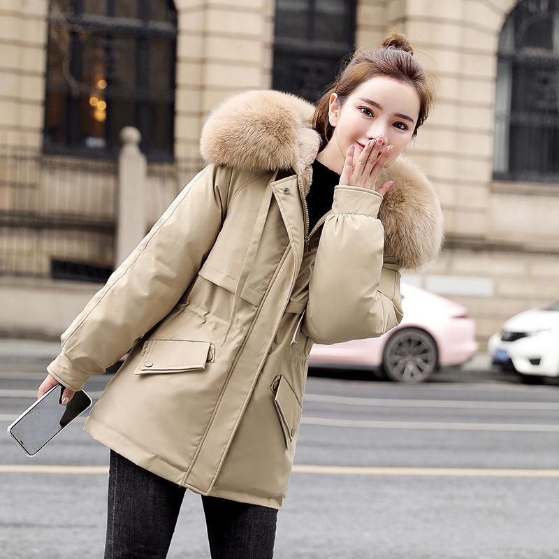 New Fleece-lined Mid-length Big Fur Collar Thicken Cotton Clothes Coat - Almoni Express