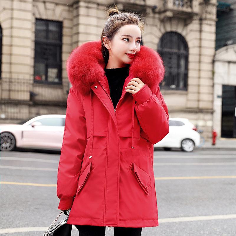 New Fleece-lined Mid-length Big Fur Collar Thicken Cotton Clothes Coat - Almoni Express