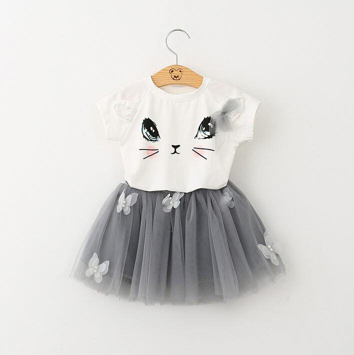 New Girls Kids Cute Child Cat Short Sleeve T-Shirt Butterfly Beaded Puffy Skirt Skirt Set - Almoni Express