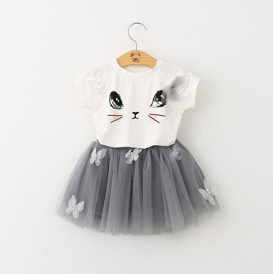 New Girls Kids Cute Child Cat Short Sleeve T-Shirt Butterfly Beaded Puffy Skirt Skirt Set - Almoni Express