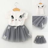 New Girls Kids Cute Child Cat Short Sleeve T-Shirt Butterfly Beaded Puffy Skirt Skirt Set - Almoni Express