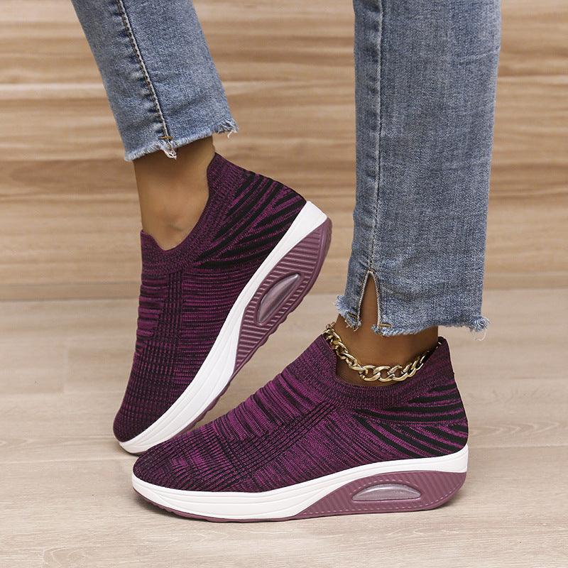 New Stripe Design Mesh Shoes Fashion Slip On Air Cushion Shoes Breathable Round-toe Flats Women - AL MONI EXPRESS