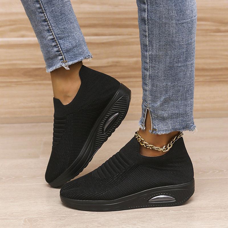 New Stripe Design Mesh Shoes Fashion Slip On Air Cushion Shoes Breathable Round-toe Flats Women - AL MONI EXPRESS