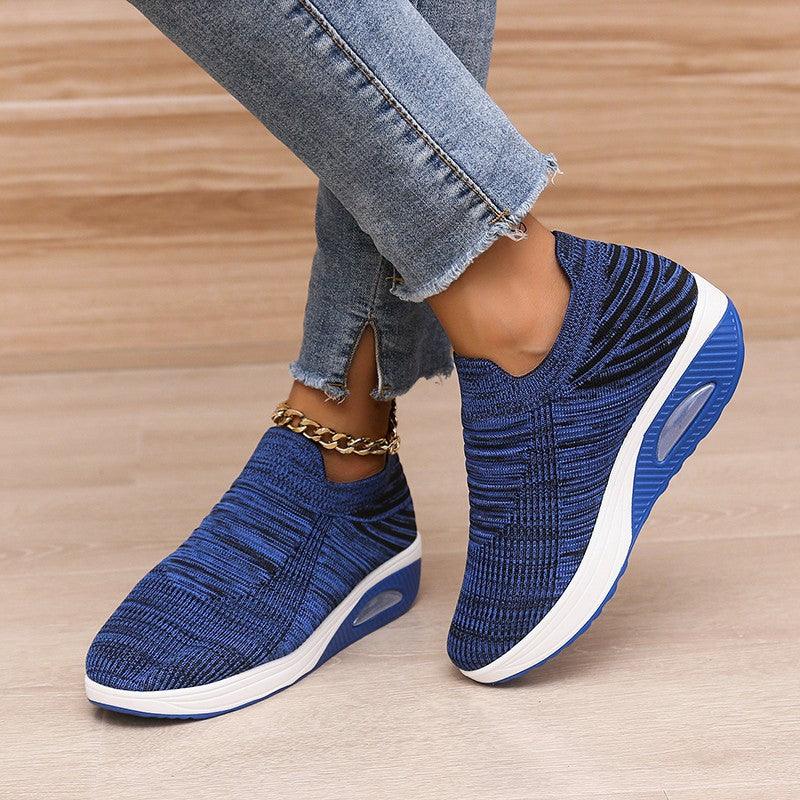 New Stripe Design Mesh Shoes Fashion Slip On Air Cushion Shoes Breathable Round-toe Flats Women - AL MONI EXPRESS