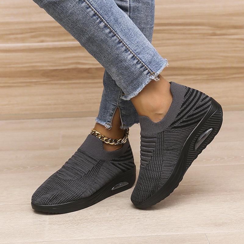 New Stripe Design Mesh Shoes Fashion Slip On Air Cushion Shoes Breathable Round-toe Flats Women - AL MONI EXPRESS