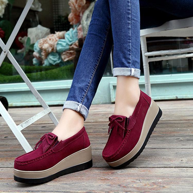 New Tassel Bow Design Shoes For Woman Fashion Thick Bottom Wedges Shoes Casual Slip On Solid Color Flats - AL MONI EXPRESS