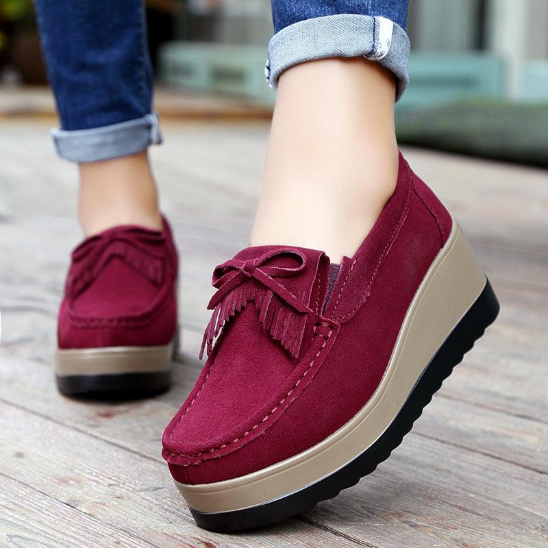 New Tassel Bow Design Shoes For Woman Fashion Thick Bottom Wedges Shoes Casual Slip On Solid Color Flats - AL MONI EXPRESS