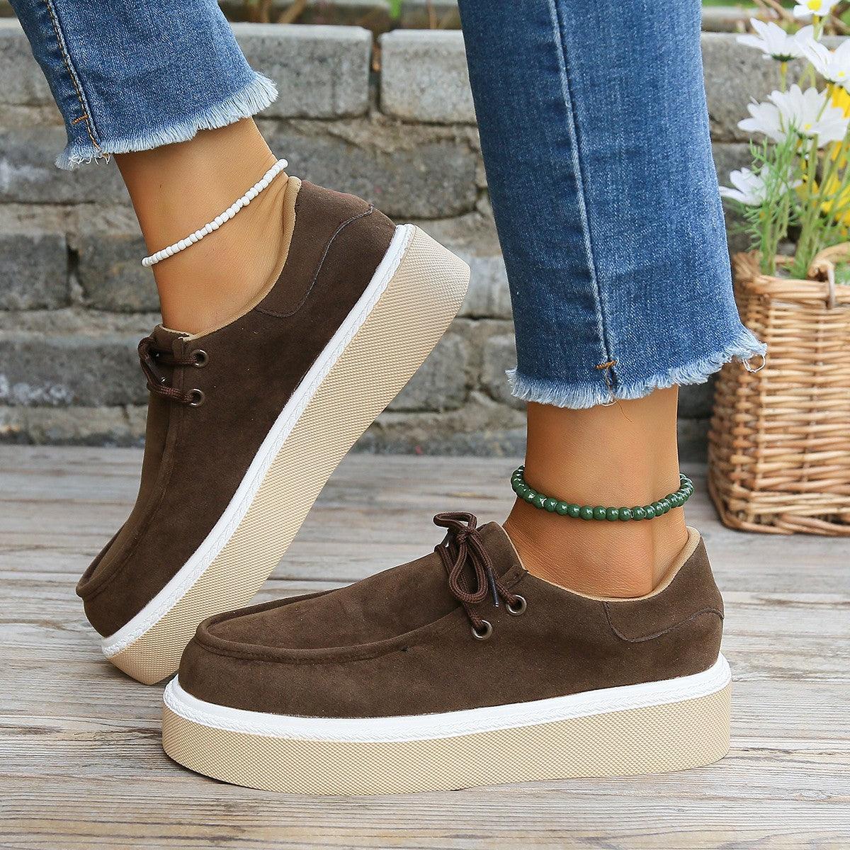 New Thick Bottom Lace-up Flats Women Solid Color Casual Fashion Lightweight Walking Sports Shoes - AL MONI EXPRESS