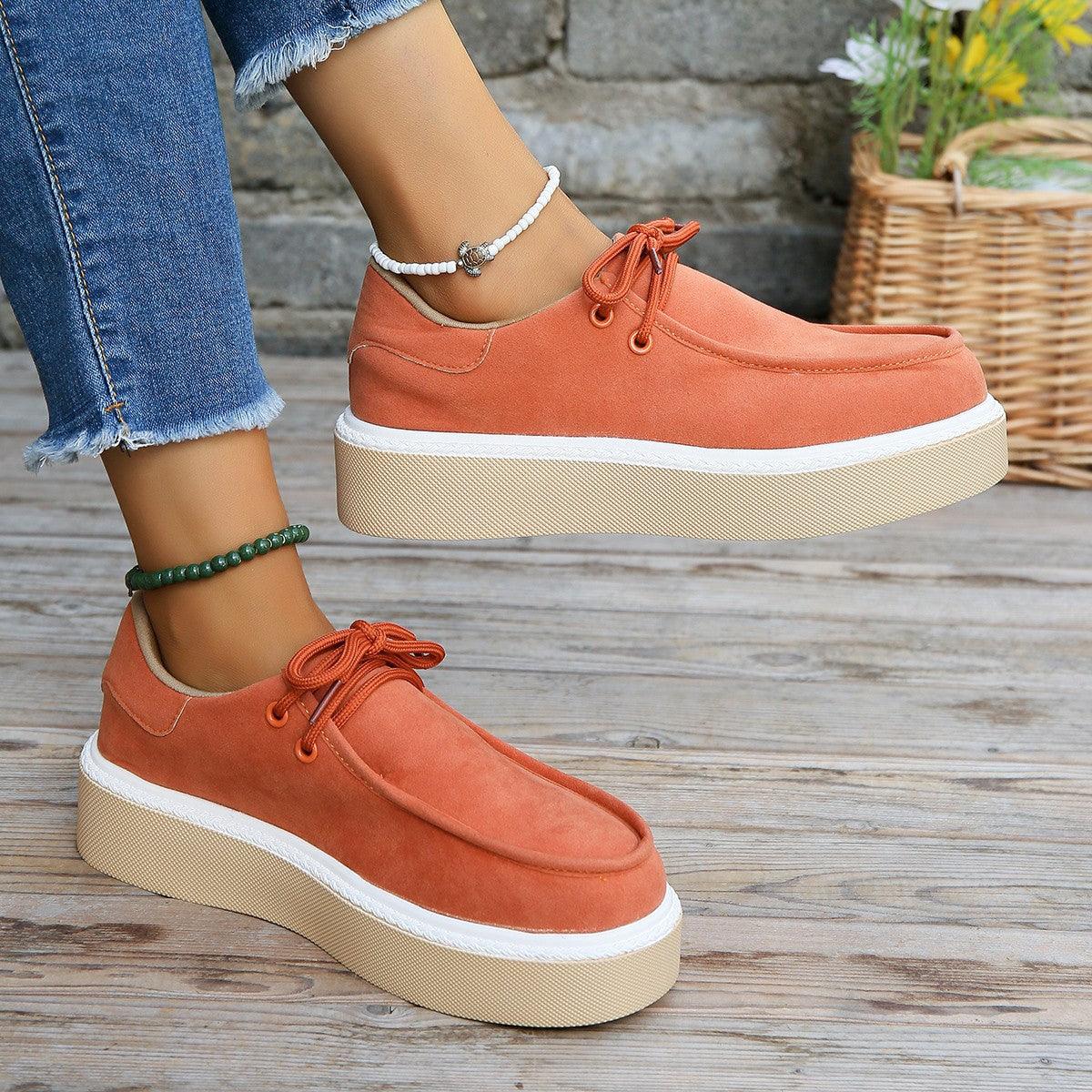 New Thick Bottom Lace-up Flats Women Solid Color Casual Fashion Lightweight Walking Sports Shoes - AL MONI EXPRESS