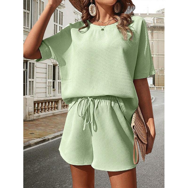 New Waffle Suit Women's Bat Sleeve Short-sleeved Crew-neck Top And Drawstring Design Shorts Fashion Two-piece Set Summer Clothing - AL MONI EXPRESS