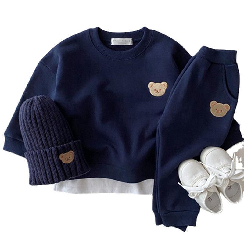 Newborn Infant Children's Cotton Bear Round Neck Sweater Sports Suit Cartoon Two Piece Set - Almoni Express